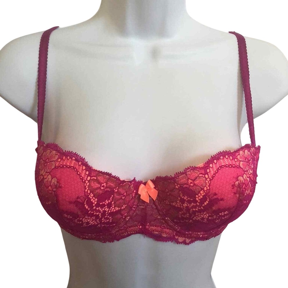 Neu Look hot pink neon orange lace padded push up bra 34C‎